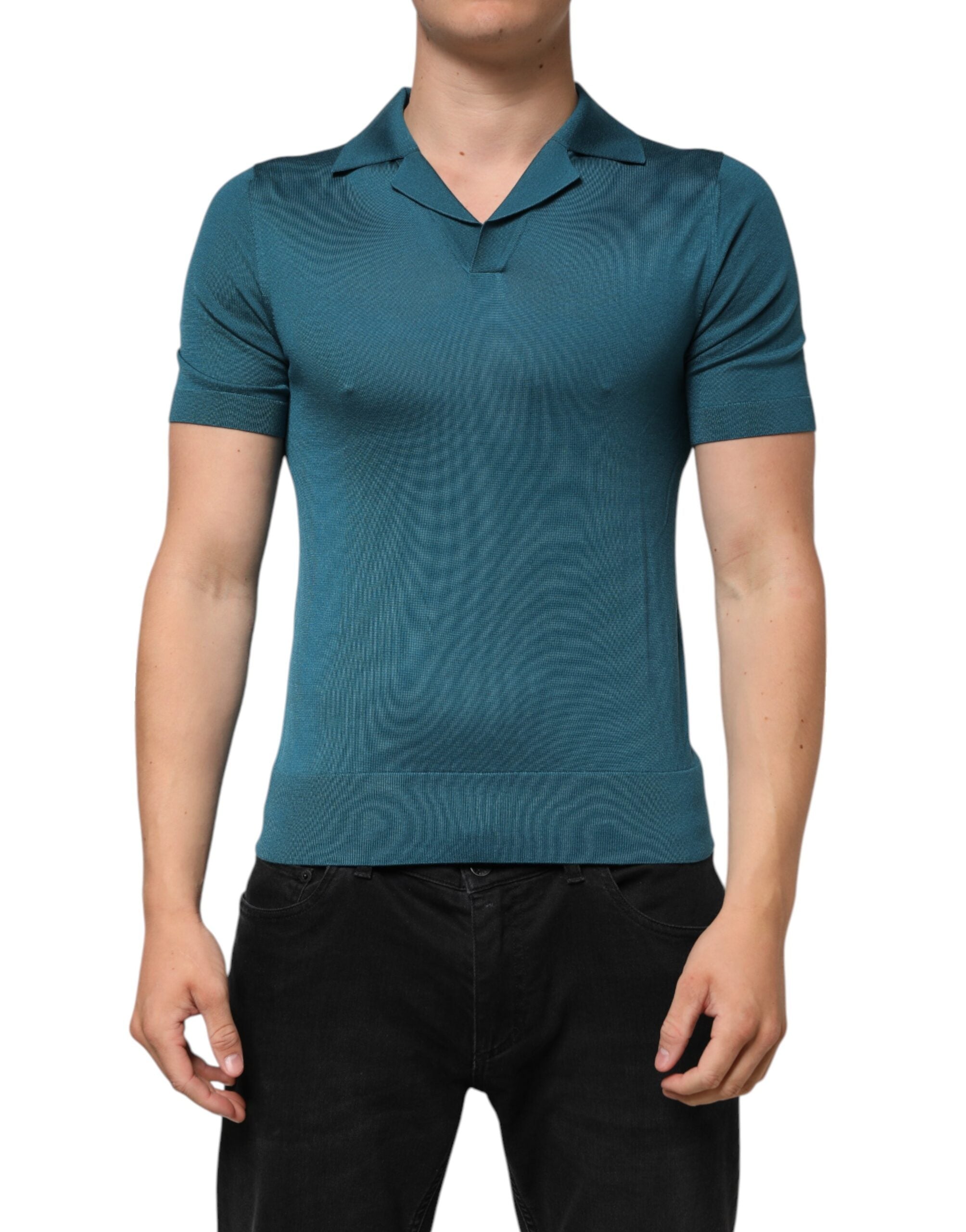 Dolce & Gabbana Blaugrünes Kurzarm-Polo-T-Shirt mit Seidenkragen